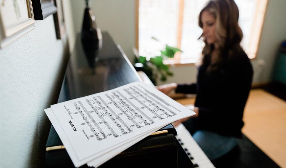打印好的乐谱放在正在演奏的立式钢琴上